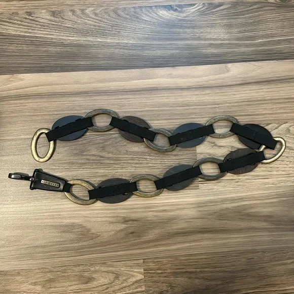 Suzi Rohrer Vintage Oval Brass Links Wood Grain Look Hip Stretch Adjustable Belt - Picture 8 of 14